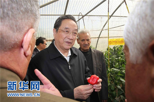 11月8日，正在約旦進行正式友好訪問的全國政協主席俞正聲在約旦河谷參觀碩果農業合作社。 新華社記者 劉衛兵 攝 