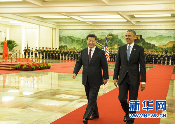 11月12日，國家主席習近平在北京人民大會堂舉行歡迎儀式，歡迎美國總統奧巴馬對中國進行國事訪問。 新華社記者 李學仁 攝